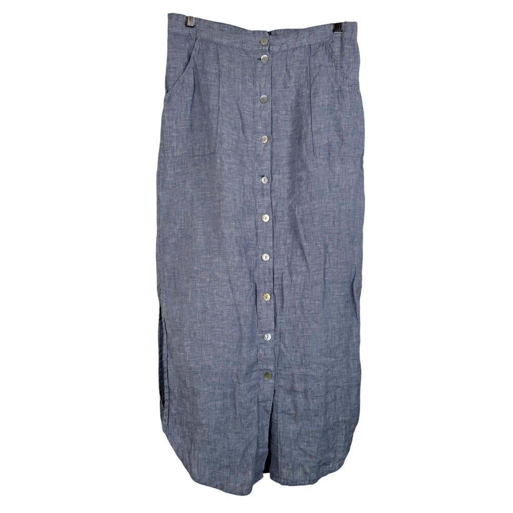 Tahari Linen Skirt Womens L Maxi Button Down Blue Elastic Waist Pockets EUC